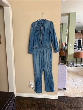 Women's Light Blue Denim Jumpsuit with Neck Tie